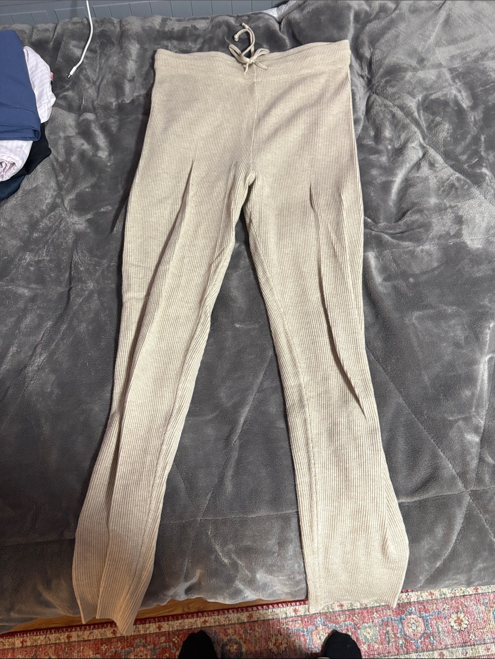 Kids Ribbed Drawstring Lounge Pants in Beige